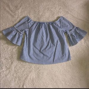 Blue and White Off the Shoulder Shirt